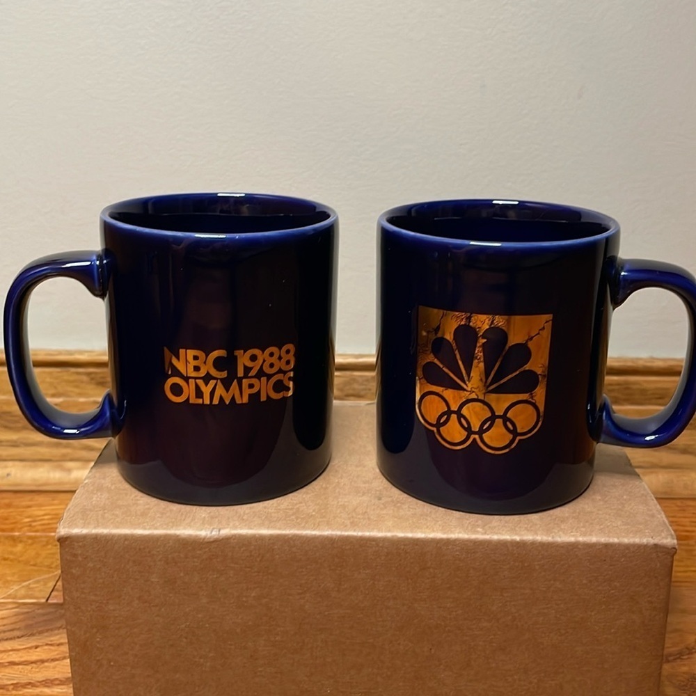 Vintage NBC 1988 Olympics Blue Coffee Mugs‎ Gold Logo Set of 2 Collectible